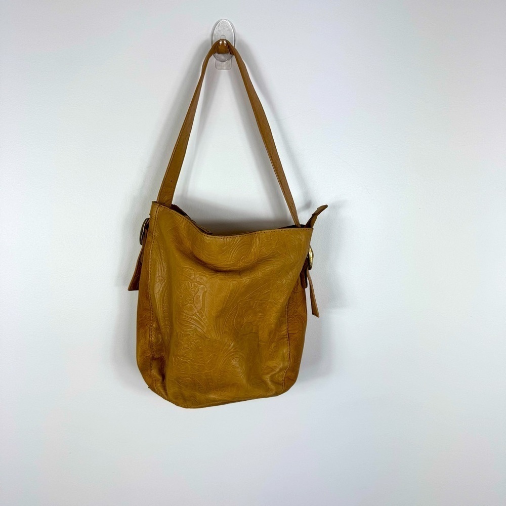 American Leather Co. Embossed Floral Flowers Tan Beige Shoulder Bag Purse
